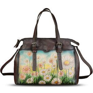 4764 Leather Satchel Hand Painted Pattern Handbag Top Handle Bags Handmade